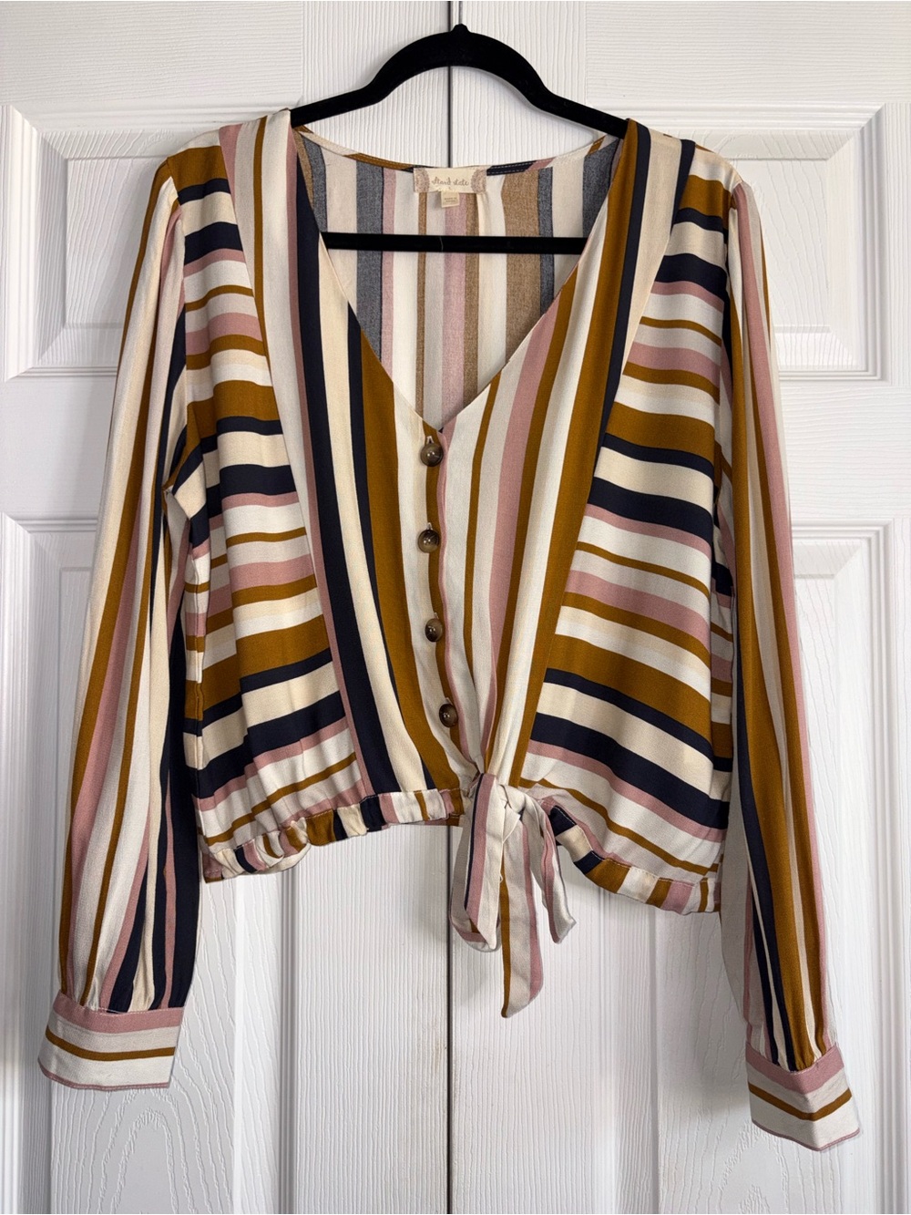 Altar'd State Striped Tie-Front Blouse in Mustard, Blush & Navy - Picture 2 of 11